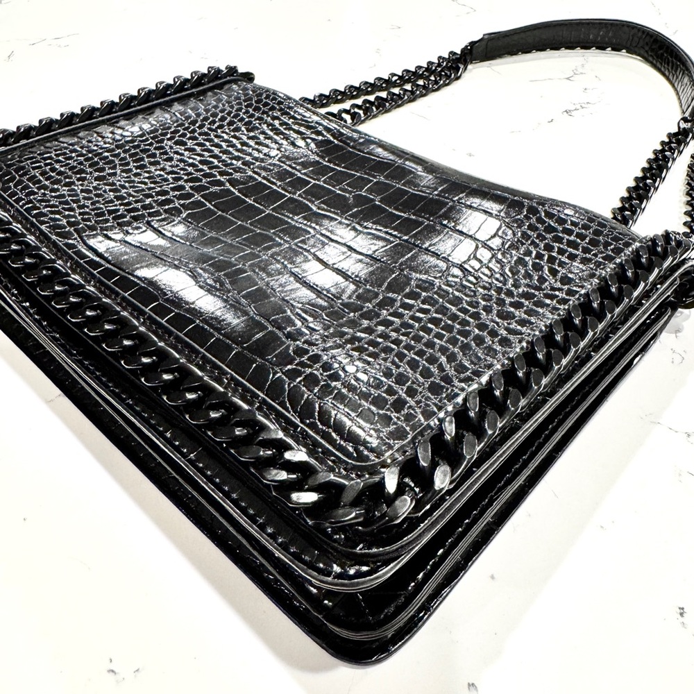 Aldo Black Crocodile Embossed Black Metal Chain Crossbody Bag and Handbag NWOT - Picture 8 of 11